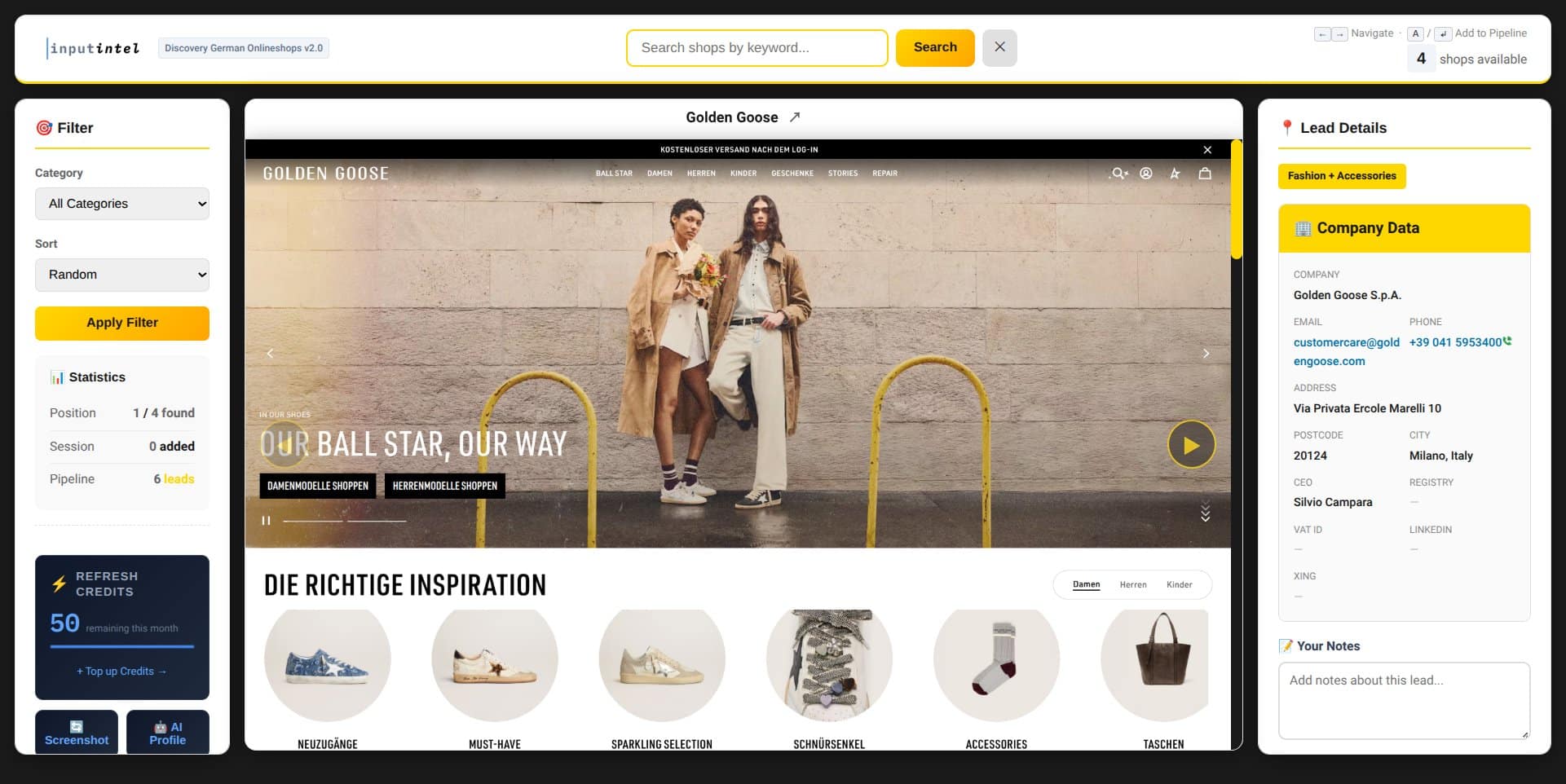 Input Intel Discovery app showing a German online retailer profile with full-page screenshot, company data, and AI analysis